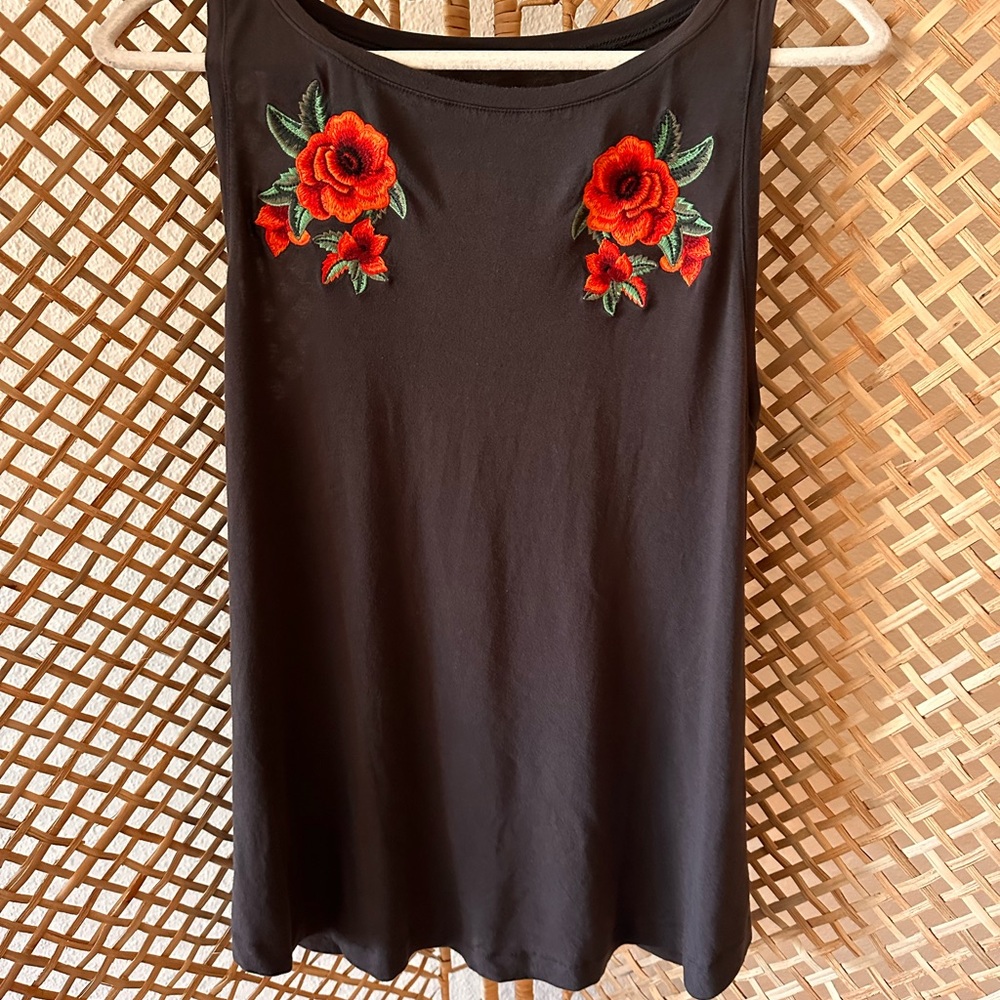 American Eagle Outfitters Black Sleeveless Tank Top with Red Embroidery